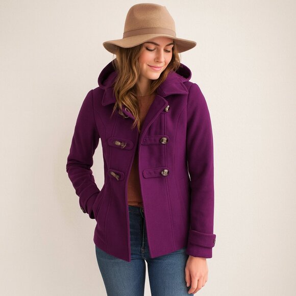 Hydraulic Jackets & Blazers - Hydraulic Purple Wool Blend Hooded Peacoat | Double-Breasted Button Front